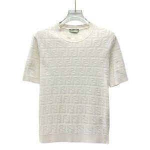 Fendi White Logo Jacquard Cotton-Viscose Knit Sweater Round Neck Short Sleeve Si